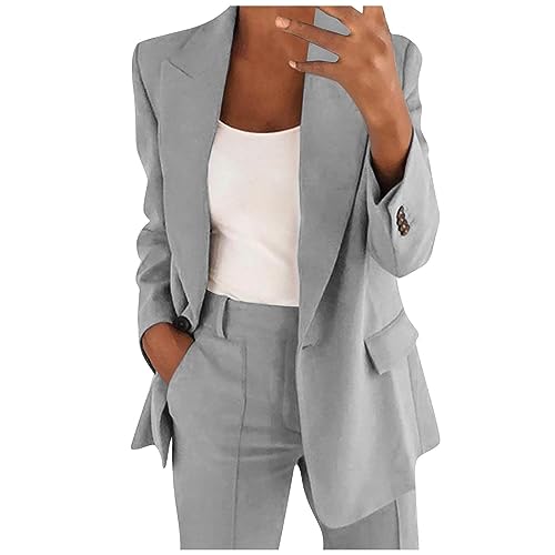 Damen Blazer Weiss Longblazer Damen Wintermantel Damen Elegant Zweiteiler Für Damen Hosen Für Kleine Frauen Mantel Winter Funktionsjacke Jacke Lang (Grau, 3XL) von Feibeauty