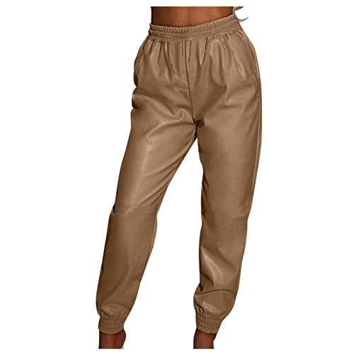 Damen Lederhose Kolylong Frauen Elegant PU Leder Hohe Taille Hosen Lang Warm Kunstleder Hosen mit Gummizug Elastische Taille Freizeithosen Sweatpants Jogginghose Streetwear Party Hose von Feibeauty