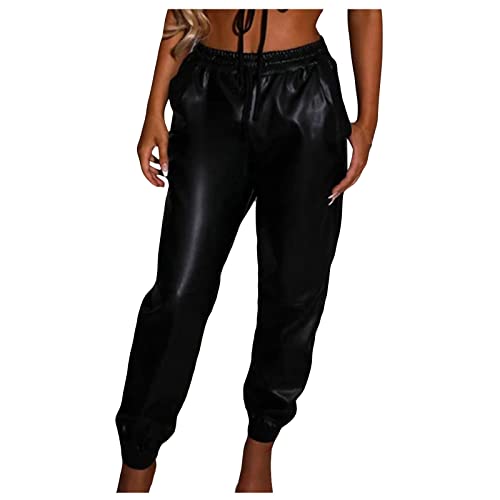 Damen Lederhose Kolylong Frauen Elegant PU Leder Hohe Taille Hosen Lang Warm Kunstleder Hosen mit Gummizug Elastische Taille Freizeithosen Sweatpants Jogginghose Streetwear Party Hose von Feibeauty