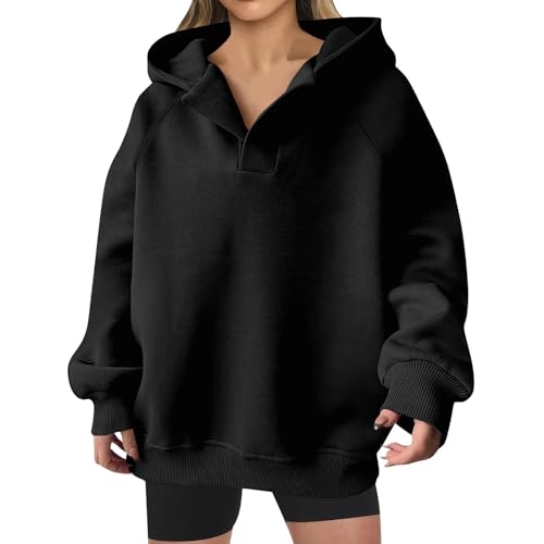 Damenbekleidung Sale, Sweatshirts Für Damen Pullover Teenager Mädchen Einfarbig V-Ausschnitt Langarm Pullover Mit Kapuze Übergangs Sweater Hoody Oberteile Sport Shirt Damen Oversize (Schwarz,S) von Feibeauty