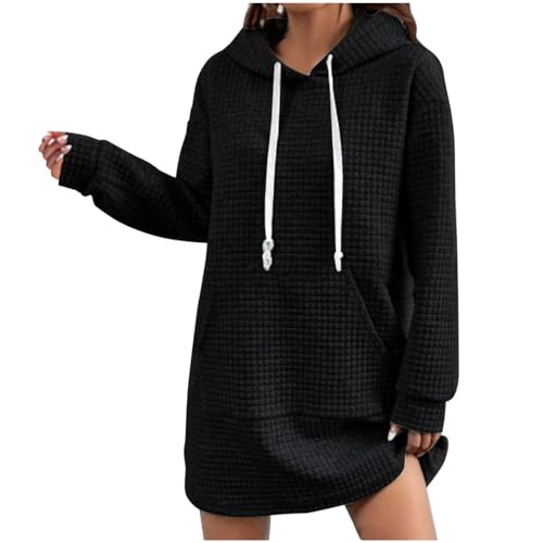 Feibeauty Angebote Damen, Oversize Pullover Damen Damen Hoodie Waffel Langarm Pullover Mit Kapuze Casual Warm Lang Kapuzenpullover Mit Taschen Leicht Oversized Hoodie T-Shirts Für Damen(Schwarz,XL) von Feibeauty