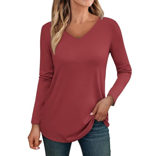 Feibeauty Angebote Tages Blitzangebote Heute, Oberteile Damen Sommer Longsleeve Damen V-Ausschnitt Langarm Shirts Casual Einfarbig Basic Tee Shirt Oberteile Longshirt Tunika Fleecepullover (Wein,L) von Feibeauty