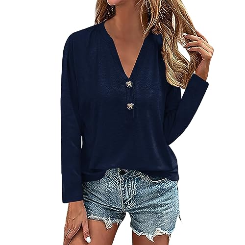 Feibeauty Angebote des Tages Heute, Oberteile Damen Sommer Langarmshirt Damen Baumwolle Einfarbig Button Down V-Ausschnitt Langarm Shirt Casual Basic Oberteile Tunika Bluse Tops Tunika (Marine,M) von Feibeauty