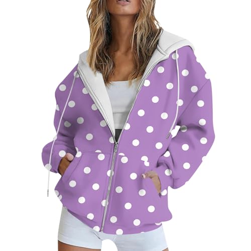 Feibeauty Angebote des Tages Heute Blitzangebote, Hoodie Damen Zip Hoodie Damen Polka Dot Druck Langarm Kapuzenjacke Mit Taschen Full Zip Hoodies Kapuzenpullover Kapuzenpullover Für Damen (Lila,L) von Feibeauty