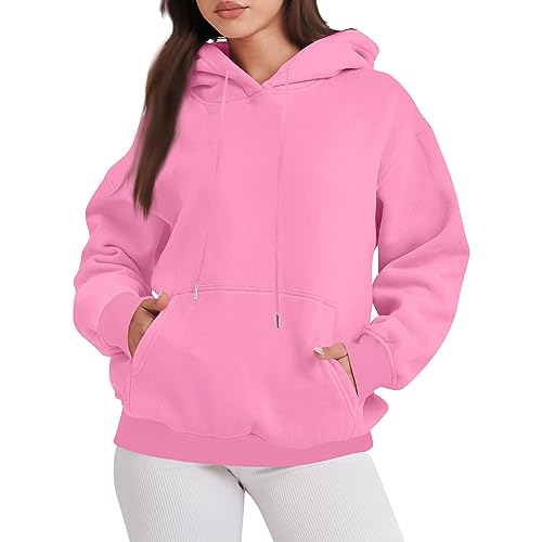 Feibeauty Angebote des Tages Heute Blitzangebote, Oversize Pullover Damen Oversize Shirt Damen Einfarbig Langarm Kapuzenpullover Mit Taschen Warm Übergangs Hoody Oberteile Pullover Für (Rosa,XXL) von Feibeauty