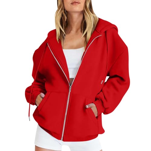 Feibeauty Angebote des Tages Heute Deal, Kapuzenjacke Damen College Jacke Damen Einfarbig Langarm Sweatshirt Jacke Mit Reißverschluss Leicht Kapuzenjacke Sport Jacke Sportweste Damen(Rot,S) von Feibeauty