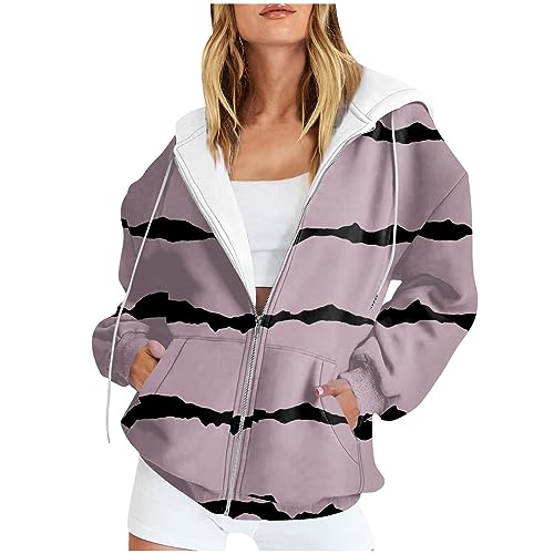 Feibeauty Angebote des Tages Heute Deal, Pullover Damen Sport Shirts Für Damen Gestreiftes Zip Sweatshirt Kapuzenjacke Casual Langarm Pullover Mit Kapuze Fitness Oberteile Damen Strickjacke (Pink,S) von Feibeauty