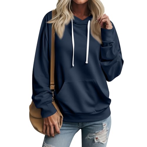 Feibeauty Black Friday, Sweatshirt Damen Damen Sweatshirt Einfarbig Langarm Kapuzenpullover Mit Taschen Outdoor Sport Sweater Hoody Oberteile Hoodie Oversize Damen Longshirt(Marine,L) von Feibeauty