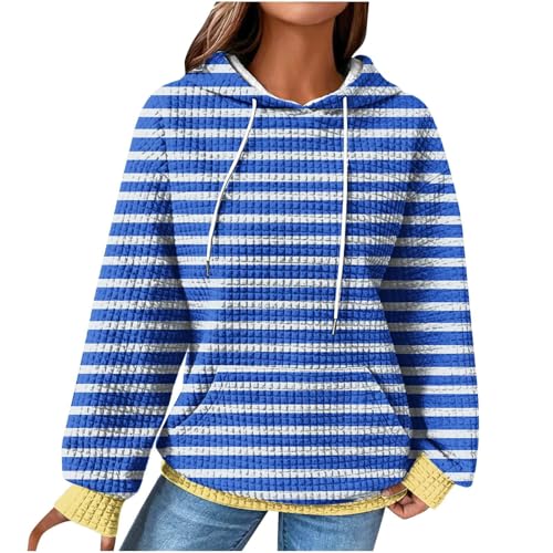 Feibeauty Blitzangebote, Hoodie Damen Hoody Damen Mit Kapuze Gestreiftes Waffel Langarm Pullover Mit Kapuze Outdoor Übergangs Hoody Oberteile Hoodie Jacke Damen Damen Jacke Sommer(Blau,M) von Feibeauty