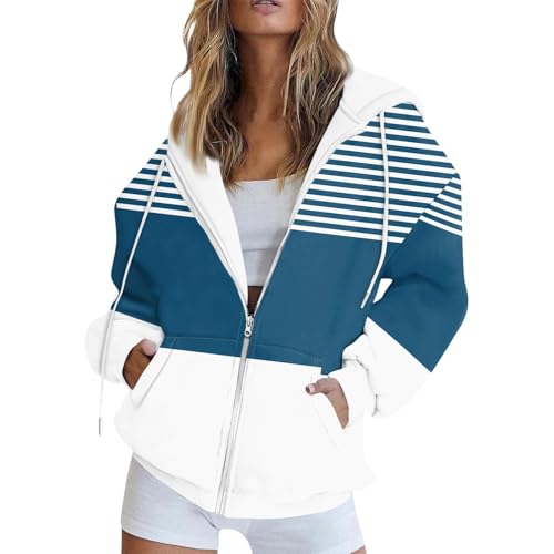 Feibeauty Blitzangebote des Tages, Sommerjacke Damen Leicht Zip Hoodie Damen Gestreiftes Langarm Sweatshirt Jacke Mit Kapuze Casual Basic Full Zip Kapuzenjacke Laufjacke Damen Wasserdicht (Blue,L) von Feibeauty