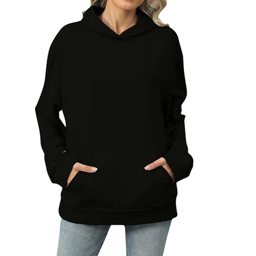 Feibeauty Damen Sale Angebote, Pullover Damen Herbst Pullover Damen Einfarbig Kapuzenpullover Mit Taschen Outdoor Hoody Oberteile Klassisch Pulli Hoody Damen Teddyfleece Jacke Damen(Black,S) von Feibeauty