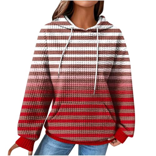 Feibeauty Damenbekleidung Sale, Damen Pullover Elegant Damen Sweatjacke Gestreiftes Waffel Langarm Pullover Mit Kapuze Outdoor Übergangs Hoody Oberteile Tunika Damen T Shirts Damen Sommer(Rot,XXL) von Feibeauty