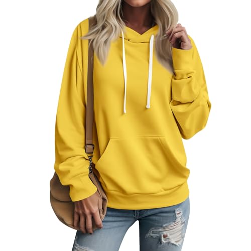 Feibeauty Damenbekleidung Sale, Oversize Pullover Damen Damen Sweatshirt Einfarbig Langarm Kapuzenpullover Mit Taschen Outdoor Sport Sweater Hoody Oberteile Oversized Hoodie Oberteile Damen(Gelb,3XL) von Feibeauty