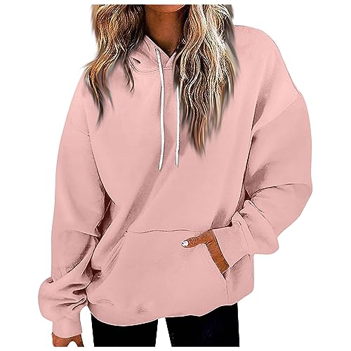 Feibeauty Damenmode Sale, Pullover Damen Damen Sweatshirt Einfarbig Langarm Kapuzenpullover Übergangs Pulli Mit Taschen Outdoor Sport Sweatshirt Streetwear Damen Damen Strickjacke(Rosa,4XL) von Feibeauty