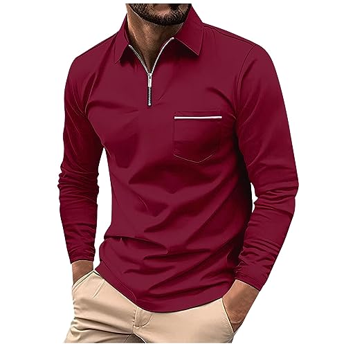 Feibeauty Herren T-Shirt T Shirt Jungs T-Shirt Herren Weiß Zipper Revers Langarm Tasche Polohemd Einfarbig Regular Fit Polo Shirt Mit Brusttasche Hemd (Rot, XL) von Feibeauty