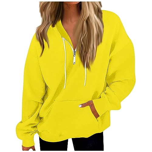 Feibeauty Meine Bestellung, Hoodie Damen Oversize Longshirt Damen Einfarbig Half Zip Hoodie Mit Taschen Oversize Pullover Mit Kapuze Sweatshirt Casual Hoodie Jacke Damen Oversize Shirt(Yellow,3XL) von Feibeauty