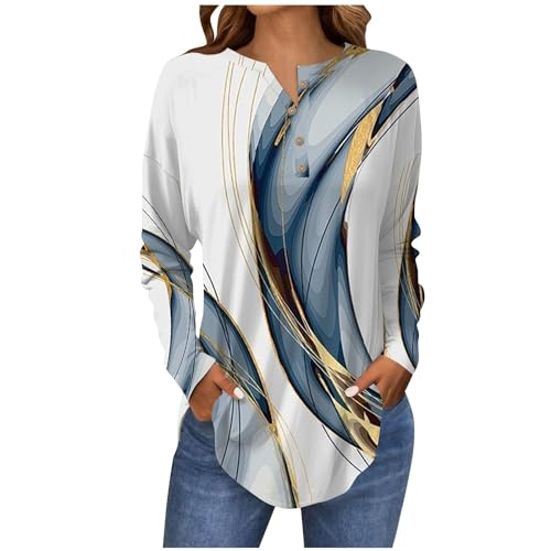 Feibeauty Meine Bestellung Anzeigen, Oversize Pullover Damen Langarmshirt Damen Baumwolle 3D Drucken Button Down Rundhals Langarm T-Shirt Gradient Tshirt Casual Locker Pullover Sweater (Weiß,L) von Feibeauty