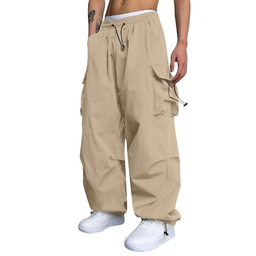 Feibeauty Meine Bestellungen, Outdoorhose Herren Motorrad Hosen Herren Einfarbig Cargo Hose Mit 4 Taschen Loose Fit Arbeitshosen Elastische Taille Breite Jogginghose Herren Hose Herren(Khaki,L) von Feibeauty