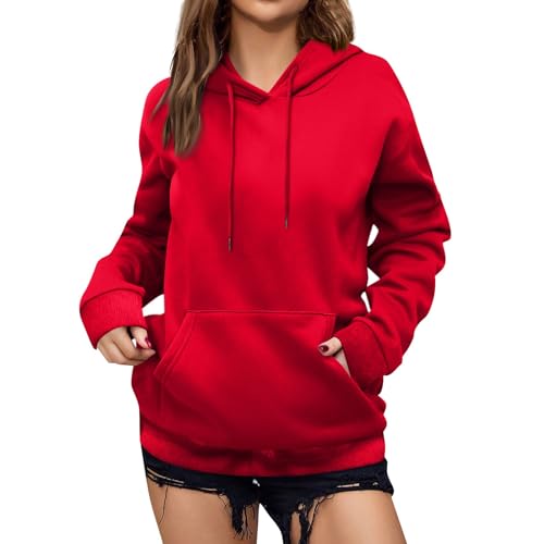 Feibeauty Meine Bestellungen Anzeigen 2024, Oversize Shirt Damen Pulli Damen Einfarbig Fleece Langarm Pullover Mit Kapuze Übergangs Sweater Hoody Oberteile Langarmshirt Oversized Tshirt (Rot,XL) von Feibeauty