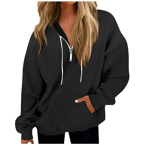 Feibeauty Sale Angebote, Kapuzenpullover Für Damen Damen Hoodie Einfarbig Half Zip Hoodie Mit Taschen Oversize Pullover Mit Kapuze Sweatshirt Casual Hoodie Jacke Damen Damen Longshirt(Black,S) von Feibeauty