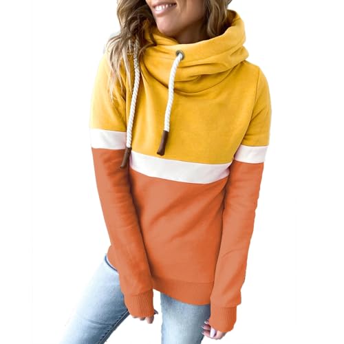 Feibeauty Sale Damenbekleidung, Damen Pullover Elegant Damen Pullover Einfarbig Patchwork Langarm Rollkragen Pullover Mit Kapuze Outdoor Sport Kapuzenpullover Tshirt Damen Sommer Damen (Orange,XL) von Feibeauty