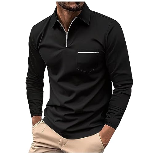 Feibeauty T Shirt Herren Weiß Herren Tshirt V Ausschnitt Christmas Shirt Zipper Revers Langarm Tasche Polohemd Einfarbig Regular Fit Polo Shirt Mit Brusttasche Tshirt Herren Lustig (Schwarz, XL) von Feibeauty