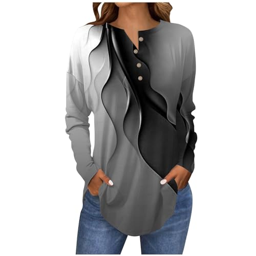 Feibeauty Warehouse Deal, T-Shirt Damen Bluse Damen 3D Drucken Button Down Rundhals Langarm T-Shirt Gradient Tshirt Casual Locker Pullover Summer Tops Blusen Damen(Schwarz,M) von Feibeauty