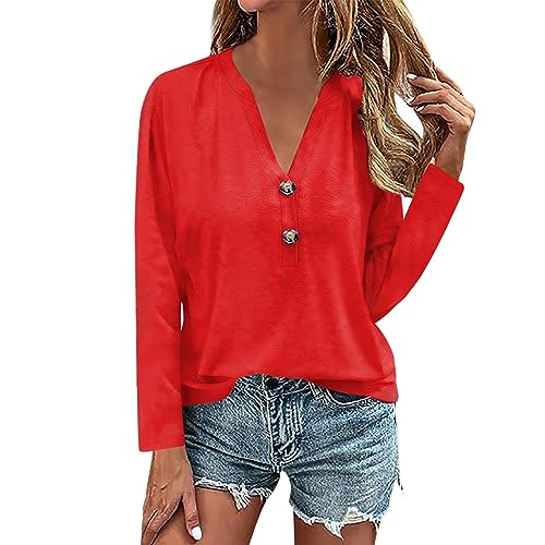 Feibeauty Warehouse Deals Angebote B Ware, Damen Oberteile Bluse Damen Einfarbig Button Down V-Ausschnitt Langarm Shirt Casual Basic Oberteile Tunika Bluse Tops Shirts Damen Tshirt Damen Basic(Rot,S) von Feibeauty