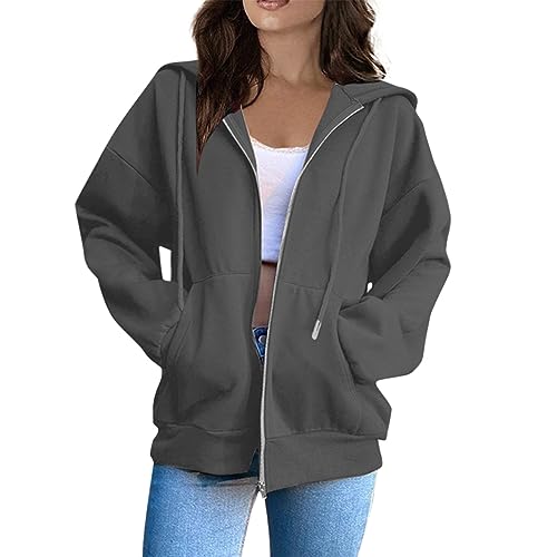 Feibeauty Warehouse Deals Angebote Rückläufer, Sommerjacke Damen Hoodies Damen Einfarbig Langarm Kapuzenjacke Mit Taschen Leicht Kapuzenpullover Basic Hooded Zipper Hoodie Laufjacke(Dark Gray,S) von Feibeauty