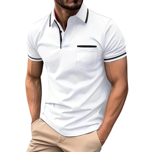 Hemd Herren Langarm, Poloshirts Kurzarm Poloshirt Herren Sommer Einfarbig Umlegekragen Kurzarm Basic Poloshirts Regular Fit Golf Polohemd Gestreiftes Hemd Herren Damascus Tops Für Herren(White,L) von Feibeauty