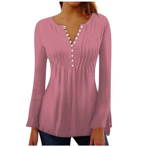 Herren Kleidung Sale, Oversize Pullover Damen Damen Shirts Sommer Einfarbig Falten Langarm Oberteile Button Down V-Ausschnitt Trompetenärmel T-Shirt Pullover Damen Frühling T Shirt Bedrucken(Rosa,L) von Feibeauty