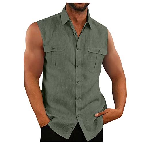 Herren Poloshirt Shirts Herren Sommer Schwimm Tshirt Herren Tank Top Herren Sommer Männer Sport Baumwolle Leinen Revers Einfarbig Tanktop mit Tasche Button Down Ärmellose Shirt Hemd Kurzarm Sommer von Feibeauty