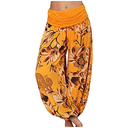 Kurze Hosen Damen Laufhose Damen Kurz Schlaghose Damen 70er Drucken Leicht Pumphose Weites Bein Palazzo Hippie Hose Elastische Hoher Taille Casual Aladinhose Kompressionsleggins Damen Lip?Dem von Feibeauty