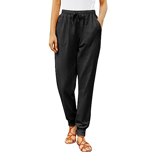 Kurze Sporthose Damen Latzhose Damen Kurz Festival Outfit Damen Rave Leinenhose Damen Straight Hoher Taille Freizeithose Mit Kordelzug Elastischem Bund Einfarbig Hosen Capri Leggings MäDchen von Feibeauty