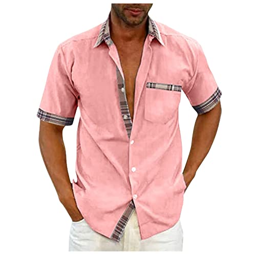 Laufshirt Herren Feinripp Unterhemd Herren Leinenhemd Herren Weiß Hemd Herren Kurzarm Männer Gestreiftes Revers Hemden Mit Tasche Button Down LäSsige Kurzarmhemd Tshirts Männer Pack 10er (Rosa, L) von Feibeauty