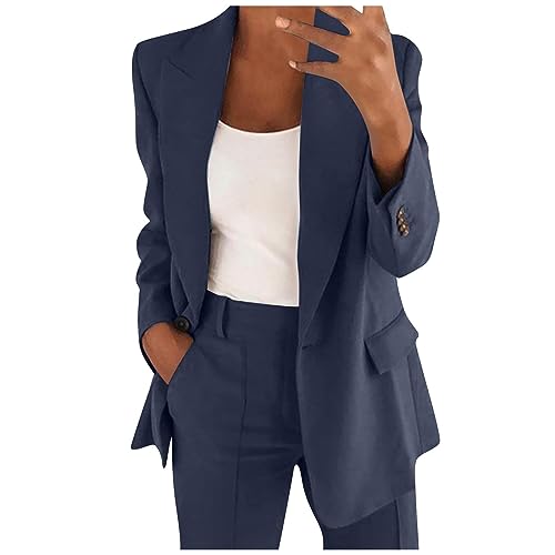 Leichter Sommerblazer Damen Blazer Anzug Set Anzug Damen Elegant 2 Teiler Jacke Damen Elegant Sweatblazer Fleecejacke Cardigan Sommer Lederjacke Mit Kapuze (Marine, XL) von Feibeauty