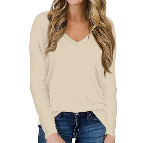 Meine Bestellung, Oversize Shirt Damen Bluse Damen Einfarbig V-Ausschnitt Langarm Shirts Outdoor Sport Streetwear Elegant Tunika Bluse Tops T Shirts Damen Weißes Top Damen(Khaki,M) von Feibeauty