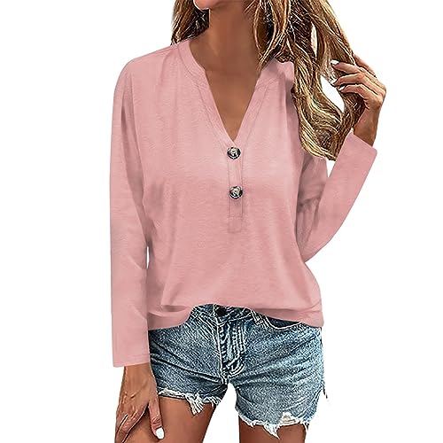 Meine Bestellungen, Sweatshirt Damen Oversized T Shirts Damen Sommer Einfarbig Button Down V-Ausschnitt Langarm Shirt Casual Basic Oberteile Tunika Bluse Tops Sweater Damen Oversized Tshirt(Rosa,Xl) von Feibeauty