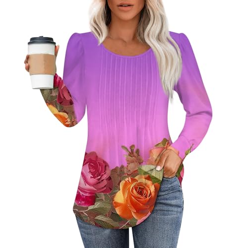 Meine Bestellungen, Tshirt Damen Sommer T Shirts Damen Sommer Blumenmuster Rundhals Langarm Pullover T-Shirt Oversize Shirt Leicht Basic Tee Shirt Weißes Tshirt Damen Tunika Bluse (Purple Pink,M) von Feibeauty