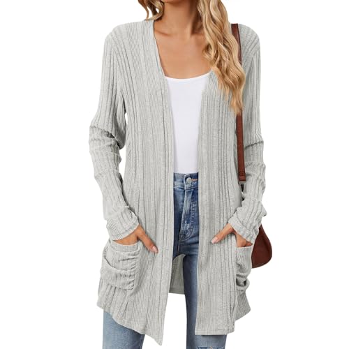 Meine Bestellungen Anzeigen, Strickjacke Damen Strickjacken Für Damen Sommer Einfarbig Langarm Cardigan Herbst Open Front Sweater Strickcardigan Mit Taschen Sommer Strickjacke (Light Gray,L) von Feibeauty