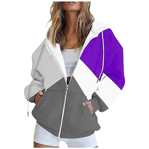 Meine Bestellungen Anzeigen 2024, Damen Sweatjacke Kapuzenpullover Damen Farbblock Langarm Sweatshirt Jacke Mit Kapuze Zipper Hoodie Kapuzenjacke Casual Laufjacke Damen Wasserdicht (Purple,S) von Feibeauty