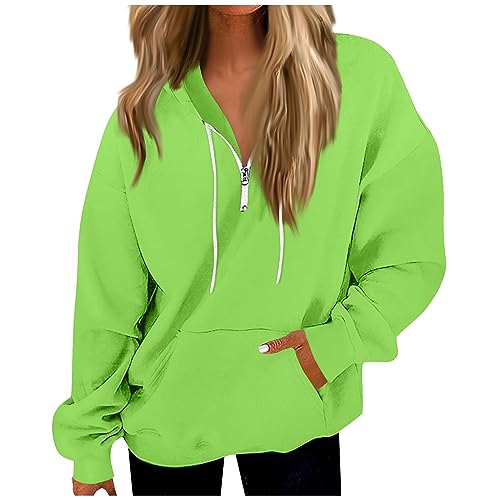 Meine Bestellungen Anzeigen 2024, Oversize Hoodie Damen Hoodie Damen Oversize Einfarbig Half Zip Hoodie Mit Taschen Oversize Pullover Mit Kapuze Outdoor Hoody Damen Pullover Teenager Mädchen(Green,S) von Feibeauty