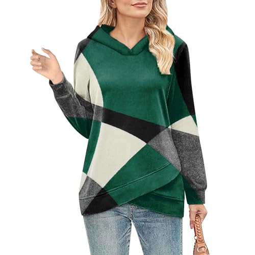 Meine Bestellungen Anzeigen 2024, Pullover Für Damen Damen Hoodie Farbblock Langarm Pullover Mit Kapuze Asymmetric Saum Kapuzenpullover Outdoor Sport Pulli Tunika Damen Langarmshirt (Grün,XXL) von Feibeauty