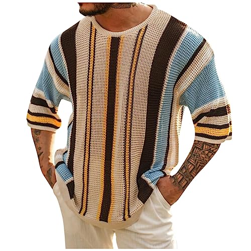 Oktoberfest Herren Outfit Herren Sweatshirt Tshirt Herren 3XL Gestreiftes Feinstrick Strick Rundhals Pullover Streifen 3/4 Arm Basic Strickpullover T Shirts MäNner (Schwarz, L) von Feibeauty