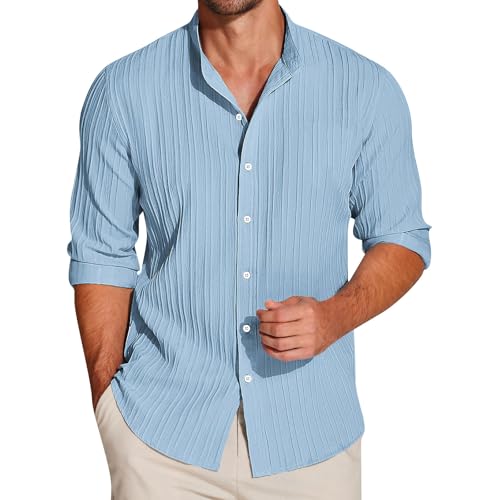 Outlet Angebote, Langarmshirt Herren Freizeithemden Für Herren Einfarbig Gestreiftes Button Down Stehkragen Hemden Regular Fit Basic Herrenhemd Hawaii Hemd Männer Baumwolle Trachtenhemd (Rosa,M) von Feibeauty