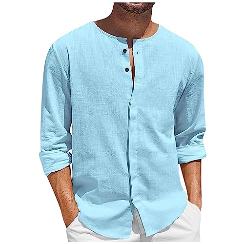 Poloshirt Herren 3XL Anime Tshirts Hemd Slim Fit Herren Langarm Einfarbig Baumwolle Leinen Hemd Mit Taste Rundhals Leichtes Freizeithemd Herbst Winter Cotton Leinenhemden Polo Shirt (Blau, M) von Feibeauty