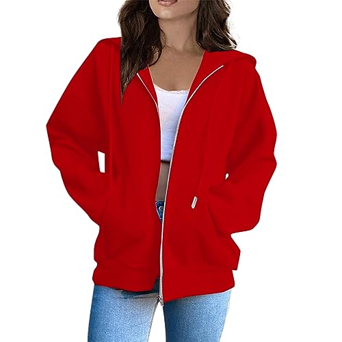 Retourenkauf Angebote, Jacke Damen Sommer Bomberjacke Damen Einfarbig Langarm Kapuzenjacke Mit Taschen Leicht Kapuzenpullover Basic Hooded Sport Jacke Damen Fitness Fleecepullover Damen(Red,S) von Feibeauty