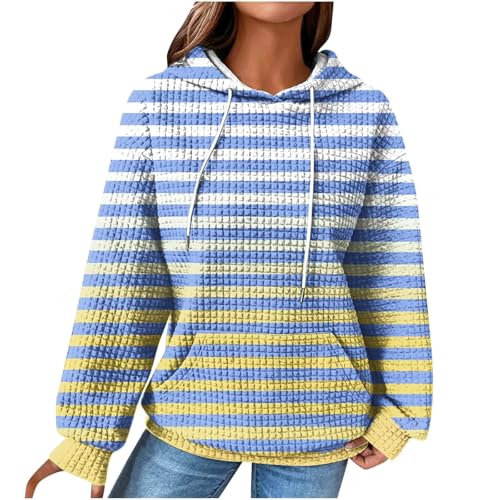 Retourenkauf Angebote, Kapuzenpullover Damen Sweatshirt Damen Oversized Gestreiftes Waffel Langarm Pullover Mit Kapuze Outdoor Übergangs Hoody Oberteile Tunika Damen Fleecepullover Damen(Hellblau,Xl) von Feibeauty