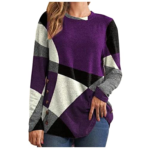 Sale Angebote, Longpullover Für Damen Damen Sweatshirt Einfarbig Patchwork Rundhals Langarm Pullover Tops Elegant Farbblock Tee Shirt Oberteile Pullover Damen Frühling Damenblusen Langarm(Lila,L) von Feibeauty