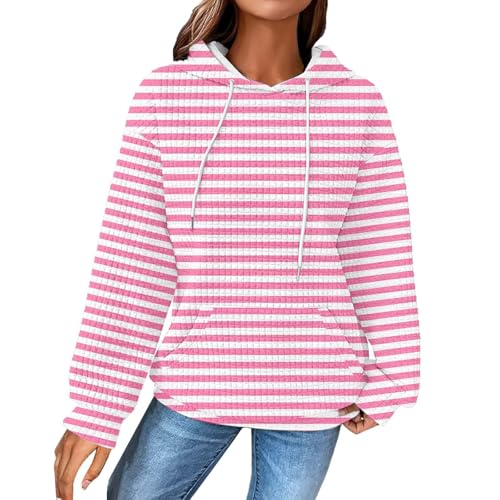 Sale Damenbekleidung, Pullover Damen Winter Damen Sweatshirt Gestreiftes Waffel Langarm Pullover Mit Kapuze Outdoor Übergangs Hoody Oberteile Hoodie Jacke Damen Sport Tshirt Damen Oversized(Rosa,M) von Feibeauty